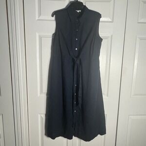J Jill Love Linen Shirt Dress Women XL Blue Sleeveless Waist Tie Midi Pockets